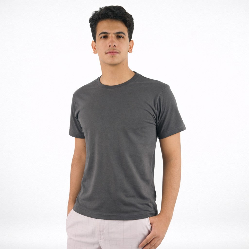 تيشيرت قطن سادة نص كم لون شاركول