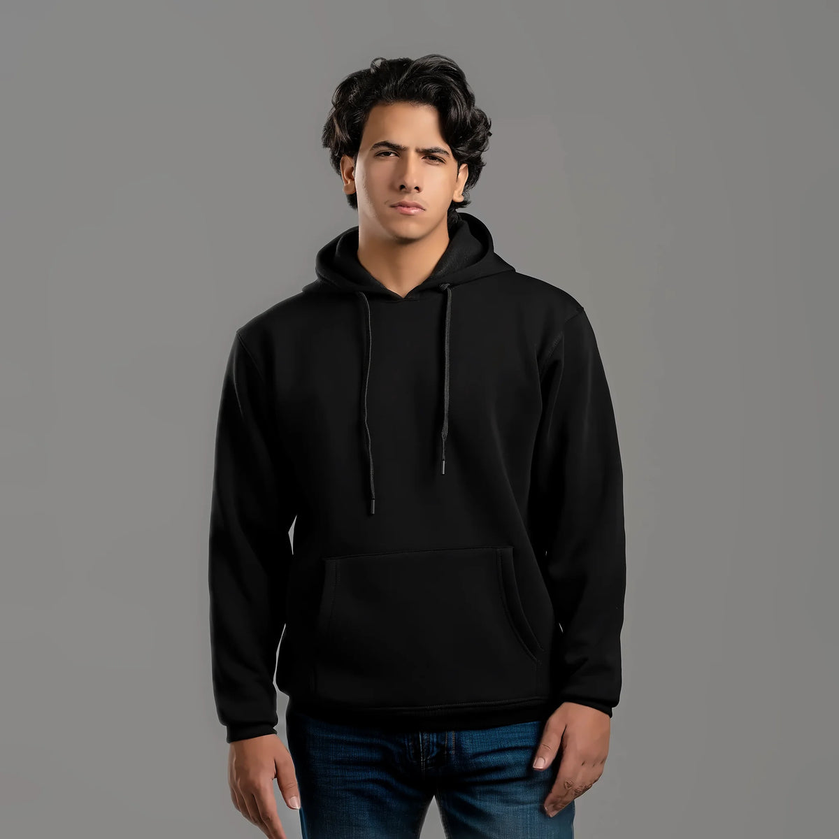 Unisex plain hoodie in black – cotton and polyester 300 GSM, ready for printing and embroidery, for sale in Jordan – Jordanian Modern Textile