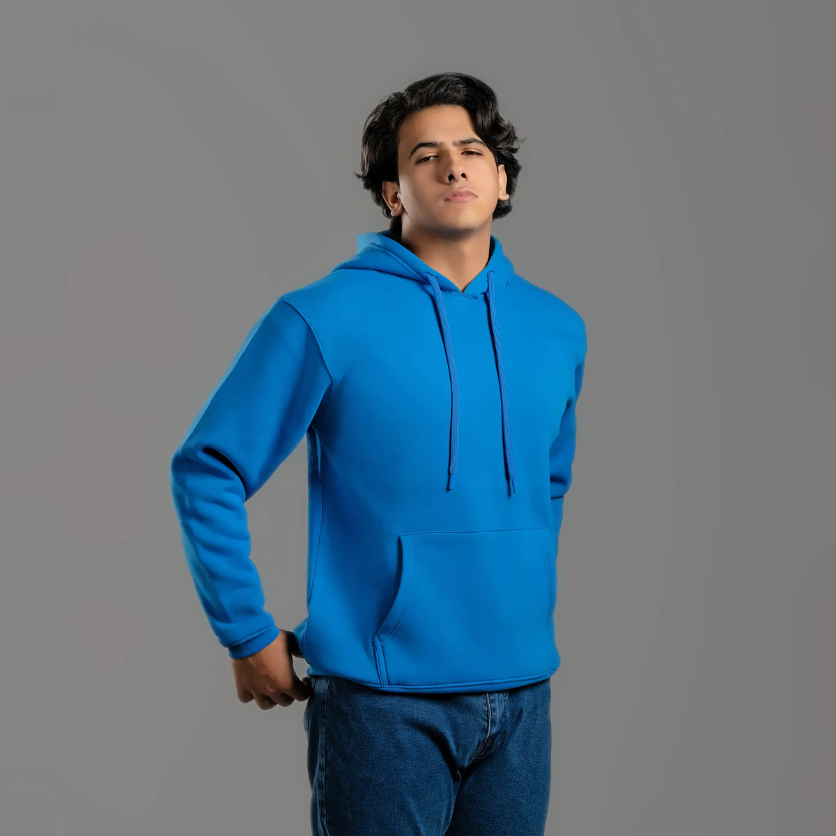 Unisex plain hoodie in blue – cotton and polyester 300 GSM, ready for printing and embroidery – Jordanian Modern Textile