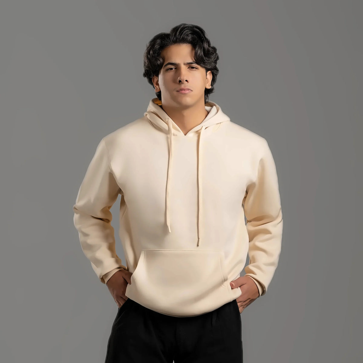 Unisex plain hoodie in off white – cotton and polyester 300 GSM, ready for printing and embroidery – Jordanian Modern Textile