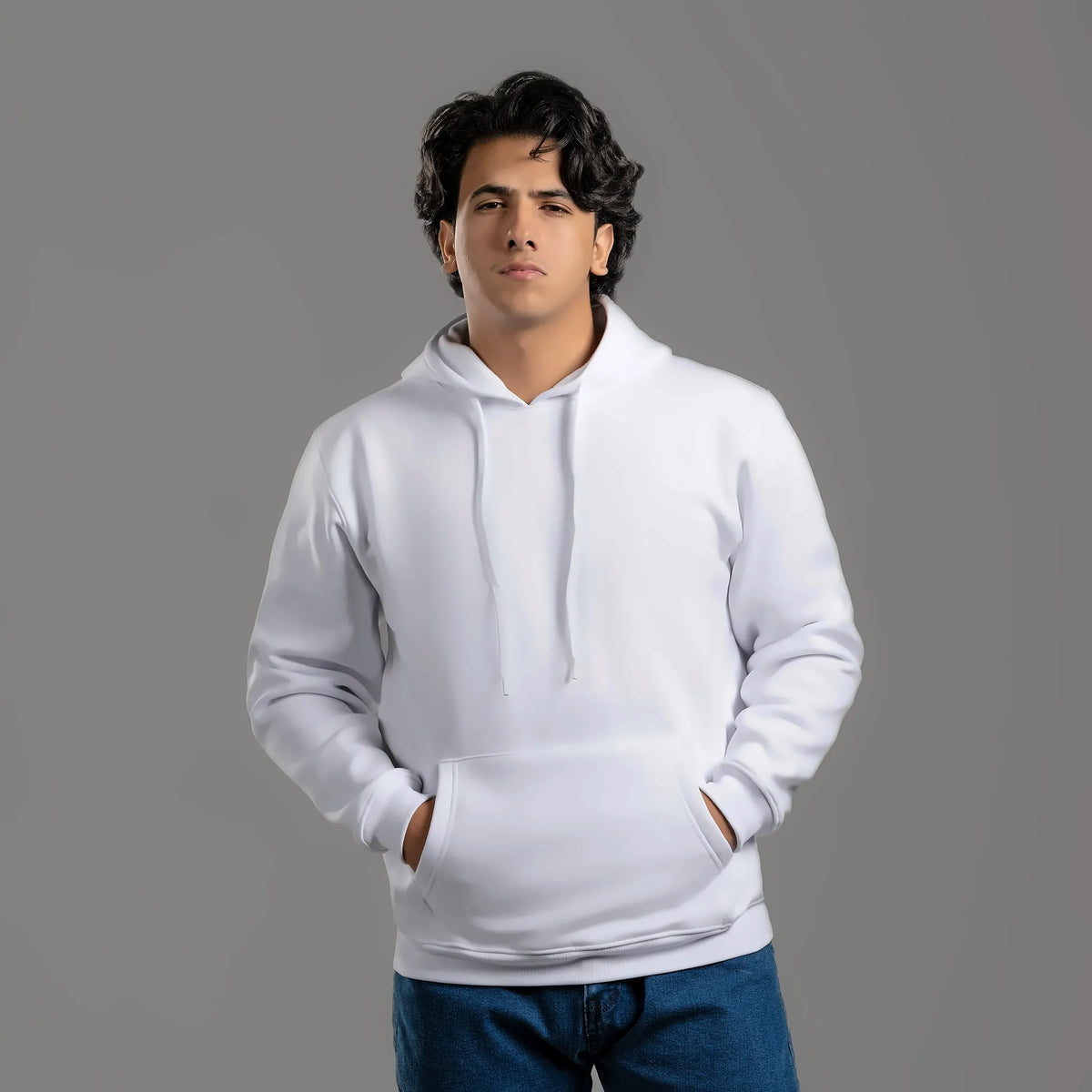 Unisex plain hoodie in white – cotton and polyester 300 GSM, ready for printing and embroidery – Jordanian Modern Textile