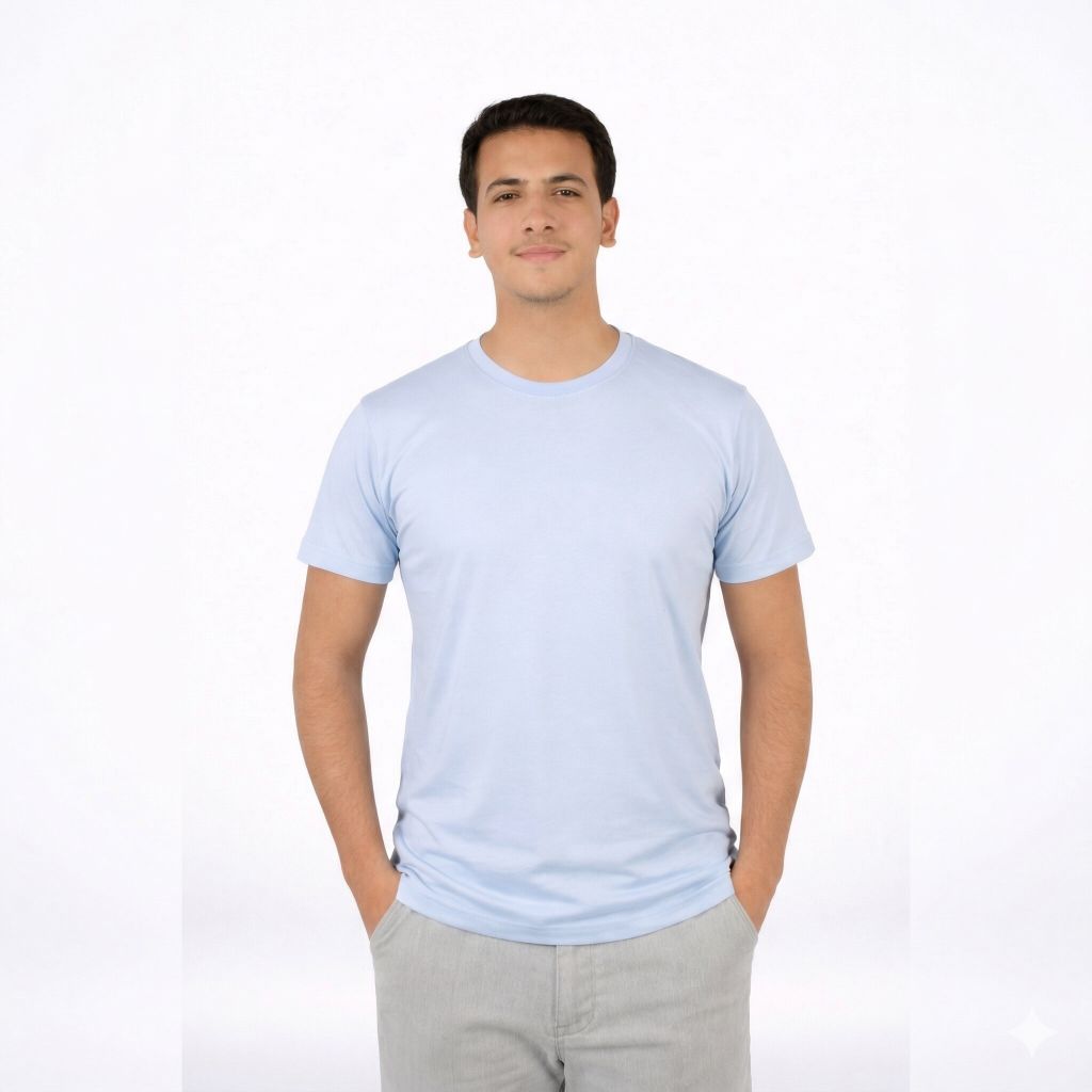 تيشيرت قطن سادة نص كم لون أزرق فاتح