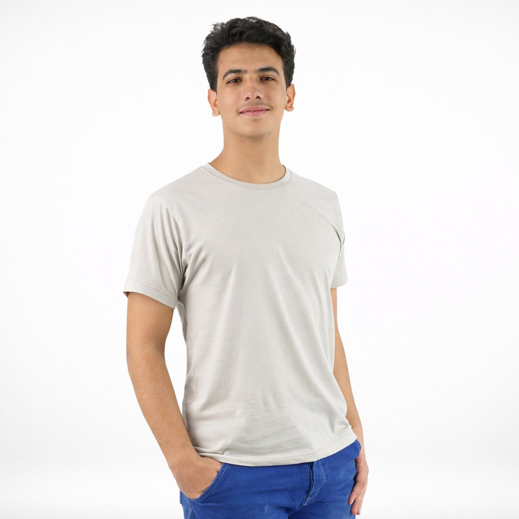 تيشيرت قطن سادة نص كم لون سكني فاتح