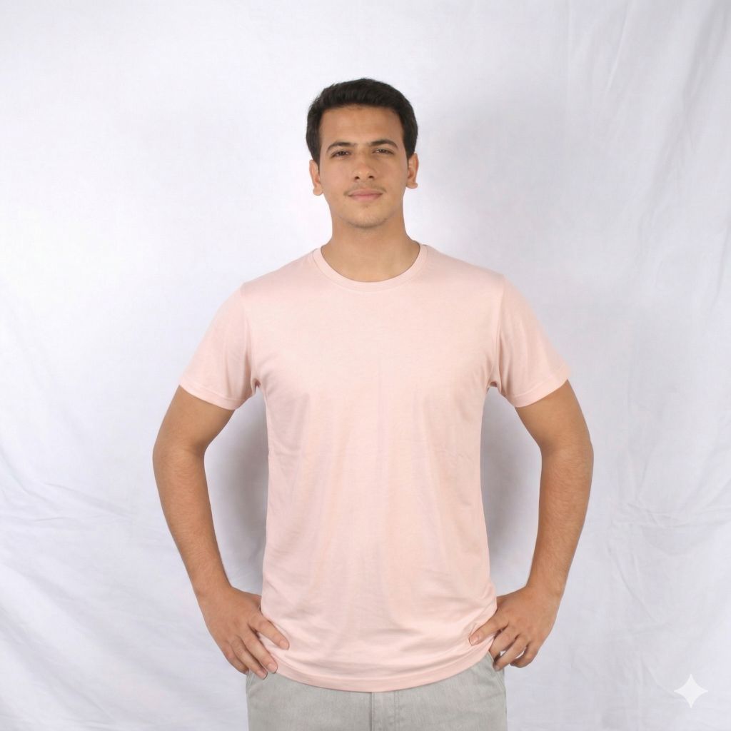 تيشيرت قطن سادة نص كم لون زهري فاتح