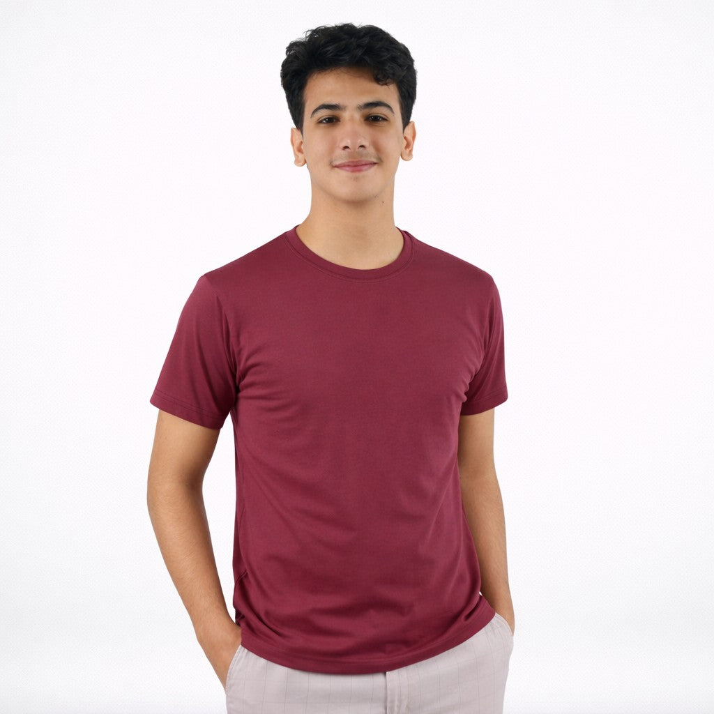 تيشيرت قطن سادة نص كم لون خمري