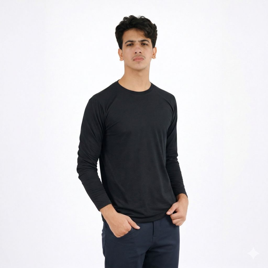 تيشيرت رجالي سادة كم طويل لون أسود