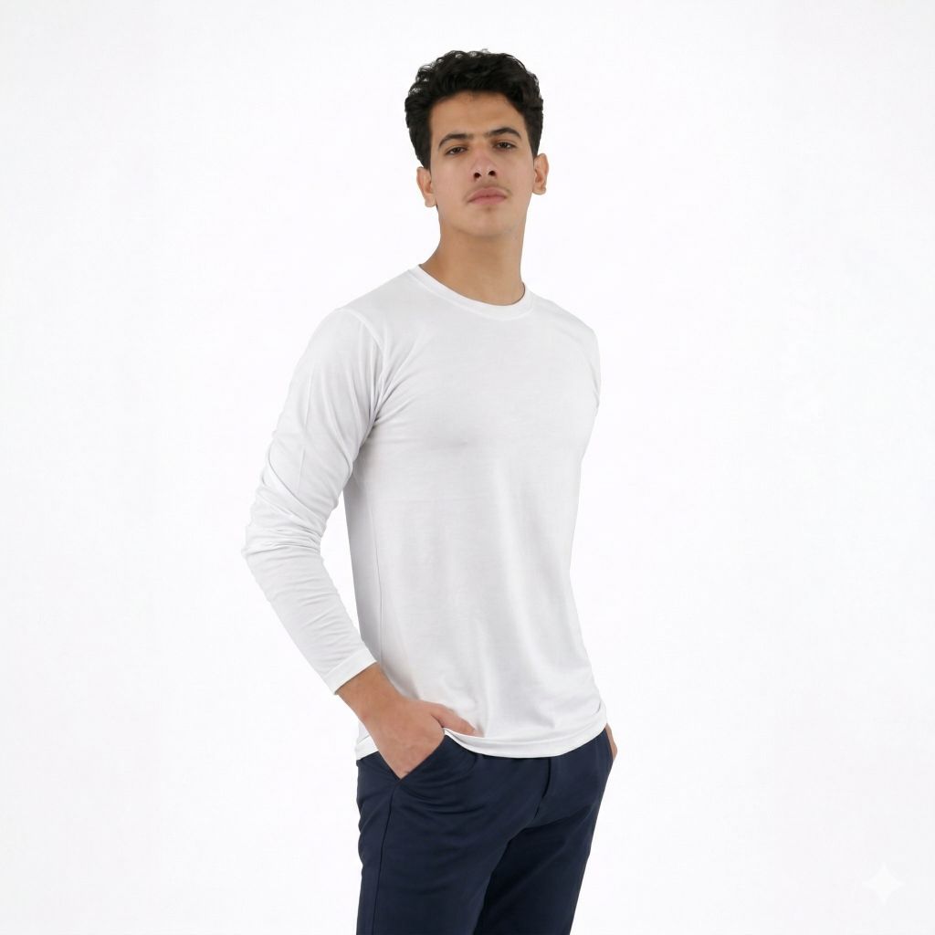 تيشيرت رجالي سادة كم طويل لون أبيض