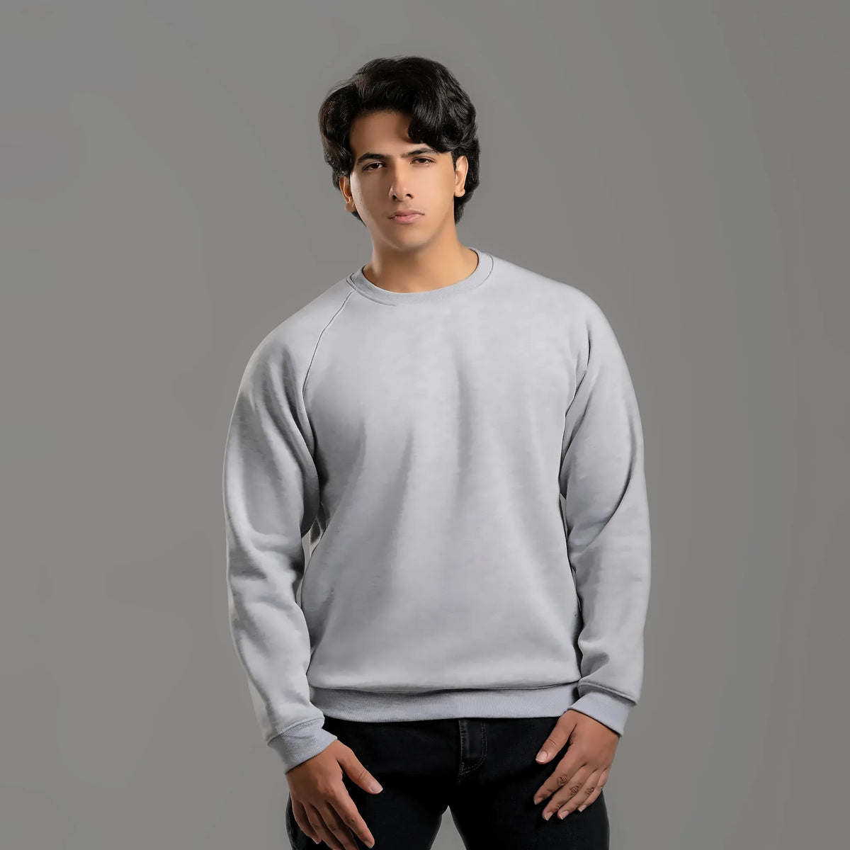 Plain sweatshirt in gray – unisex plain sweatshirt, cotton and polyester, for sale in Jordan – Jordanian Modern Textile