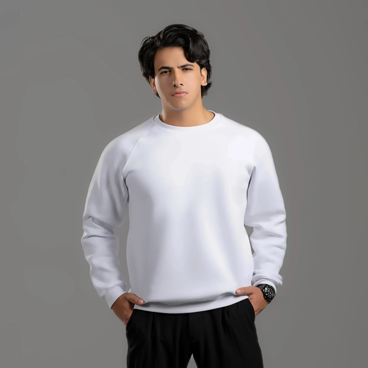 Plain sweatshirt in white – unisex plain sweatshirt, cotton and polyester – Jordanian Modern Textile