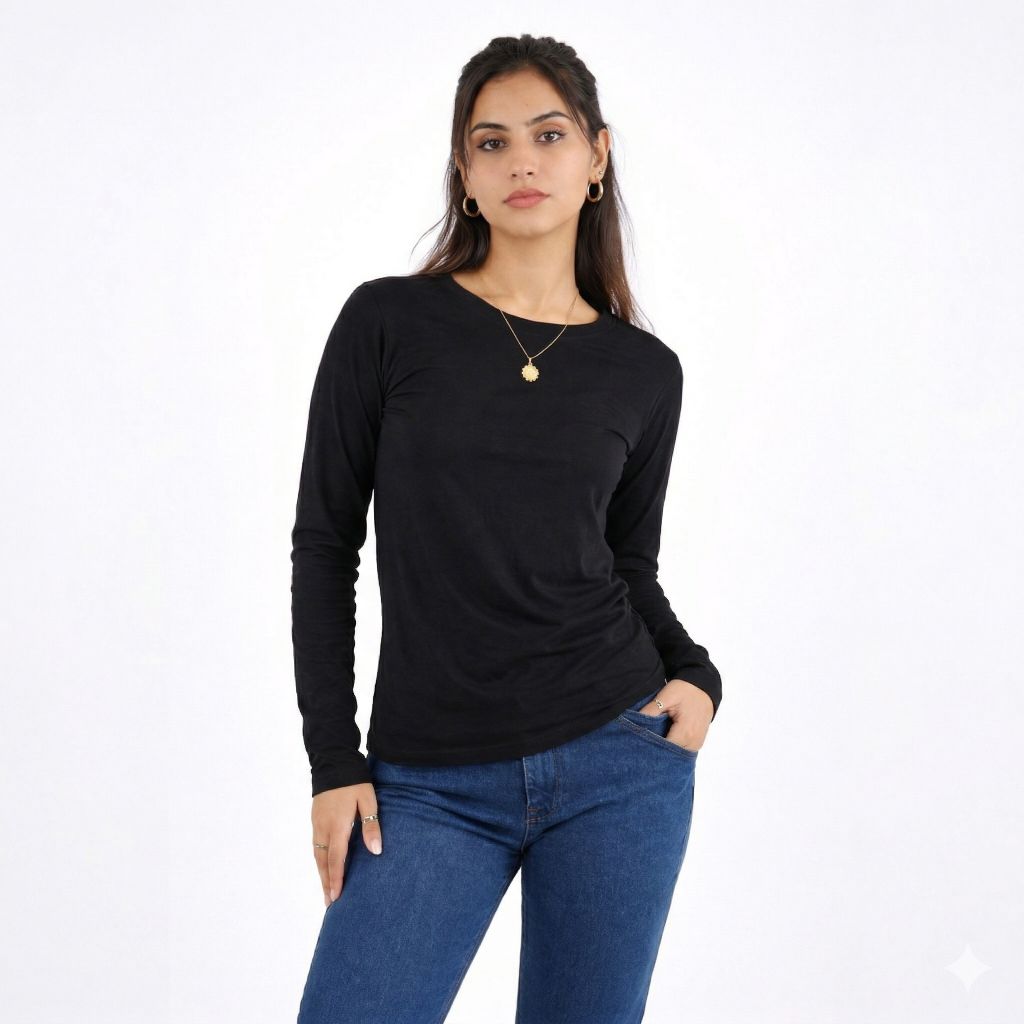 تيشيرت نسائي سادة قطن كم طويل لون أسود