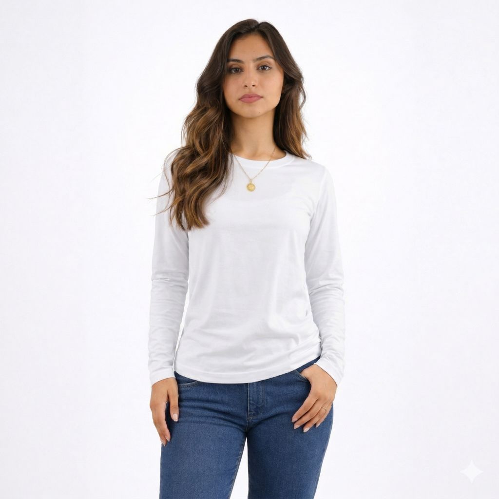 تيشيرت نسائي سادة قطن كم طويل لون أبيض