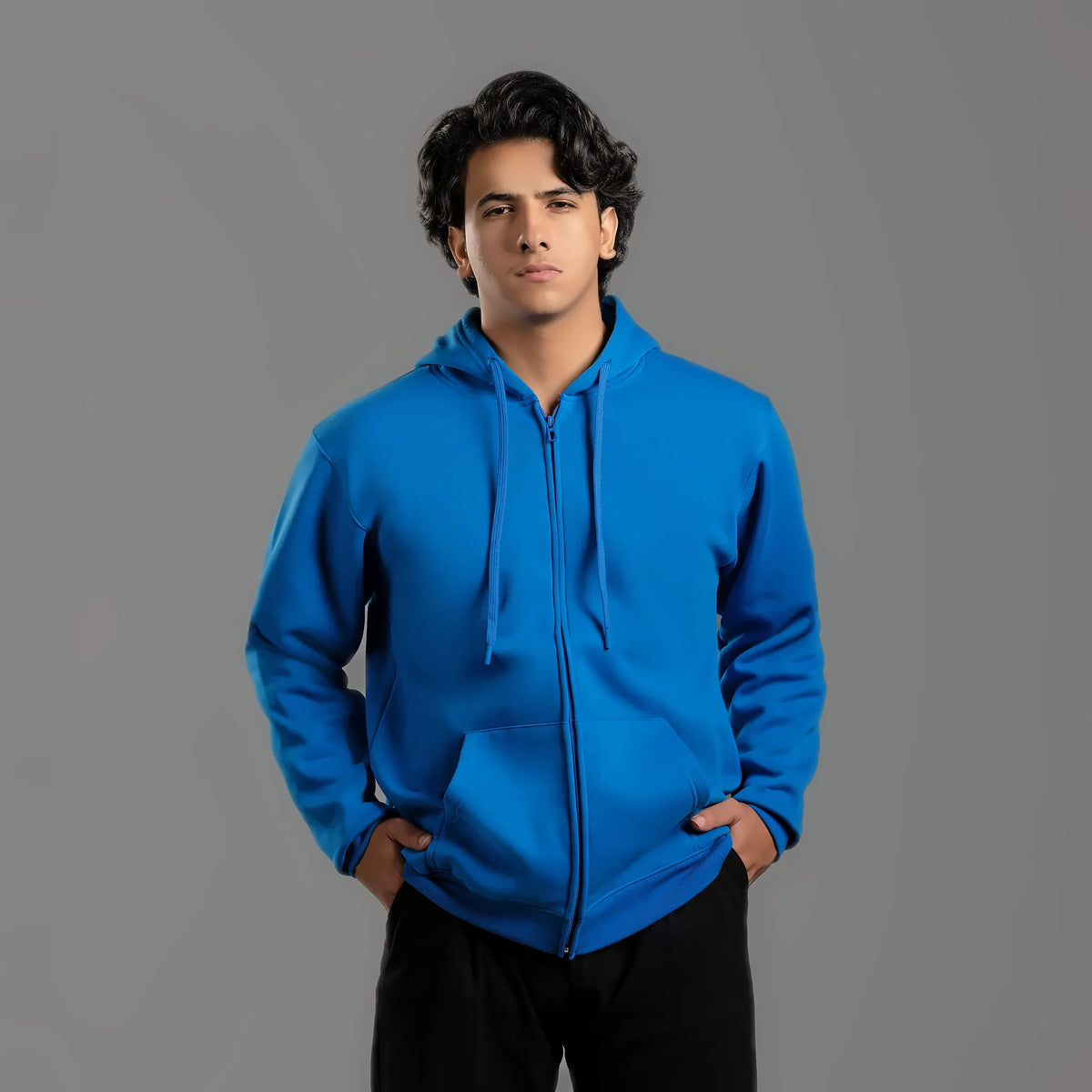 Zip-up hoodie in blue – unisex plain zip-up hoodie, suitable for screen printing and DTF – Jordanian Modern Textile
