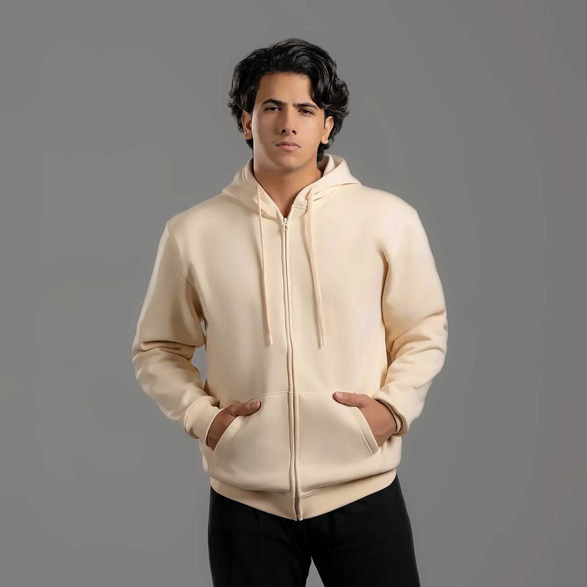 Zip-up hoodie in off white – unisex plain zip-up hoodie, suitable for screen printing and DTF – Jordanian Modern Textile