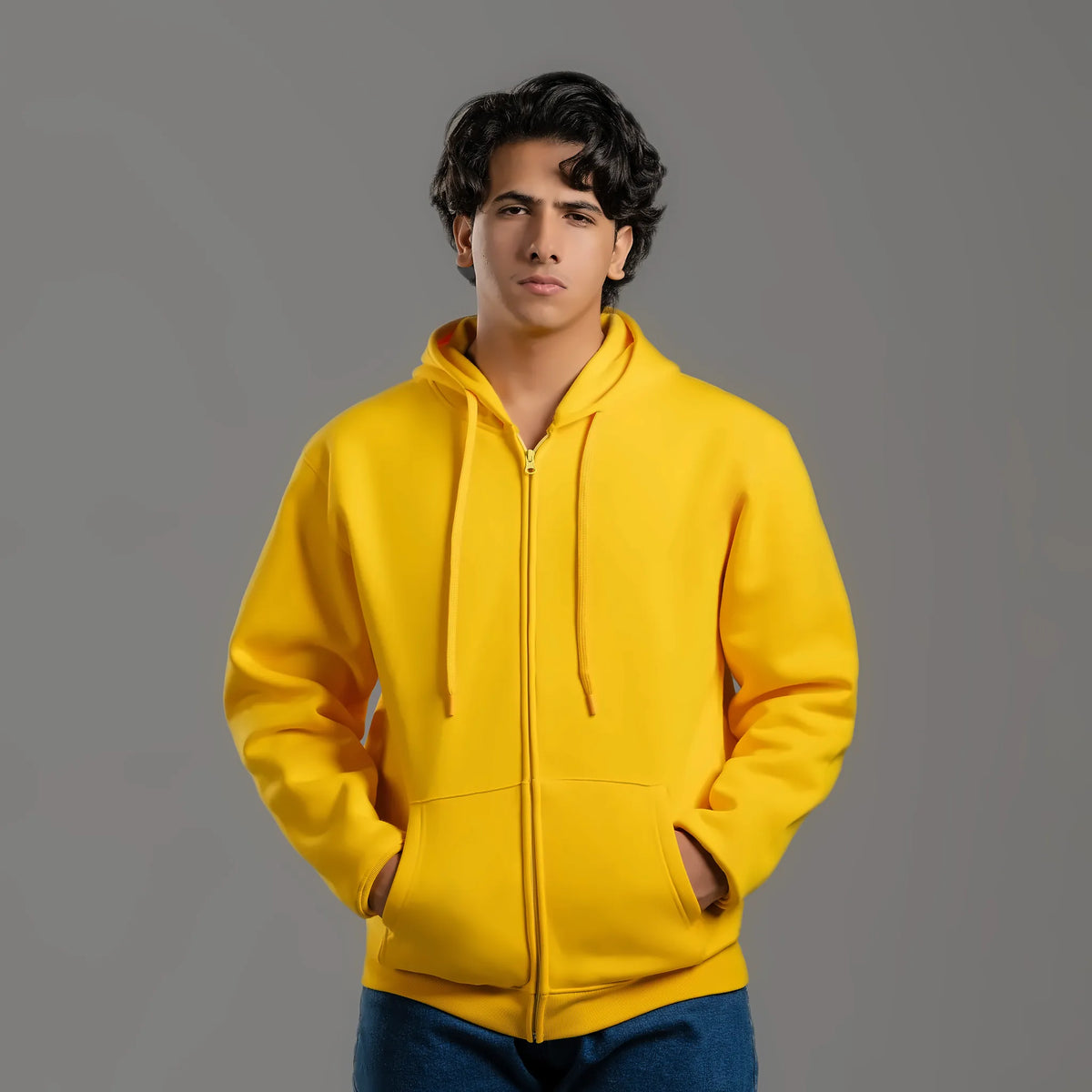 Zip-up hoodie in yellow – unisex plain zip-up hoodie, suitable for screen printing and DTF – Jordanian Modern Textile